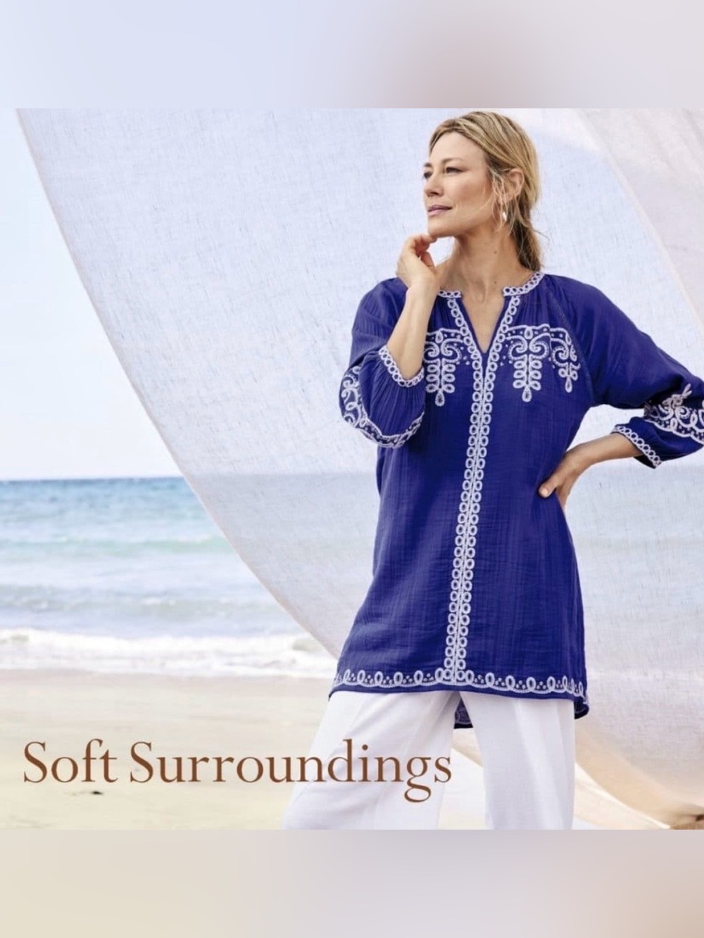 Soft Surroundings Navy Gauze Tunic with White Bohemian Embroidery(L)